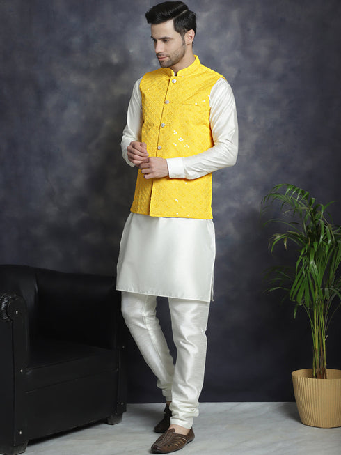 Men's Sequins and Embroidred Nehru Jacket With Solid Kurta Pyjama